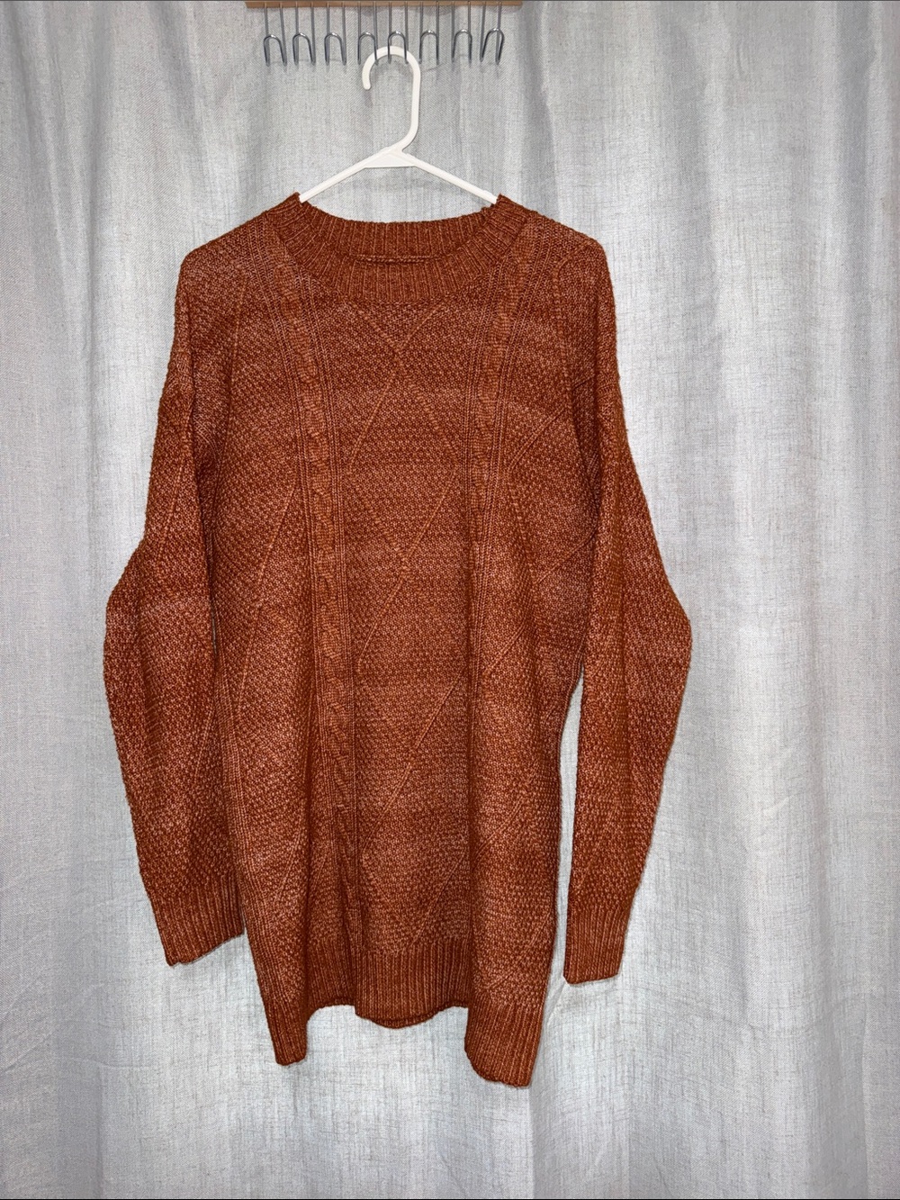 Cable Knit Drop Shoulder Sweater Dress - Rust Orange/Coffee